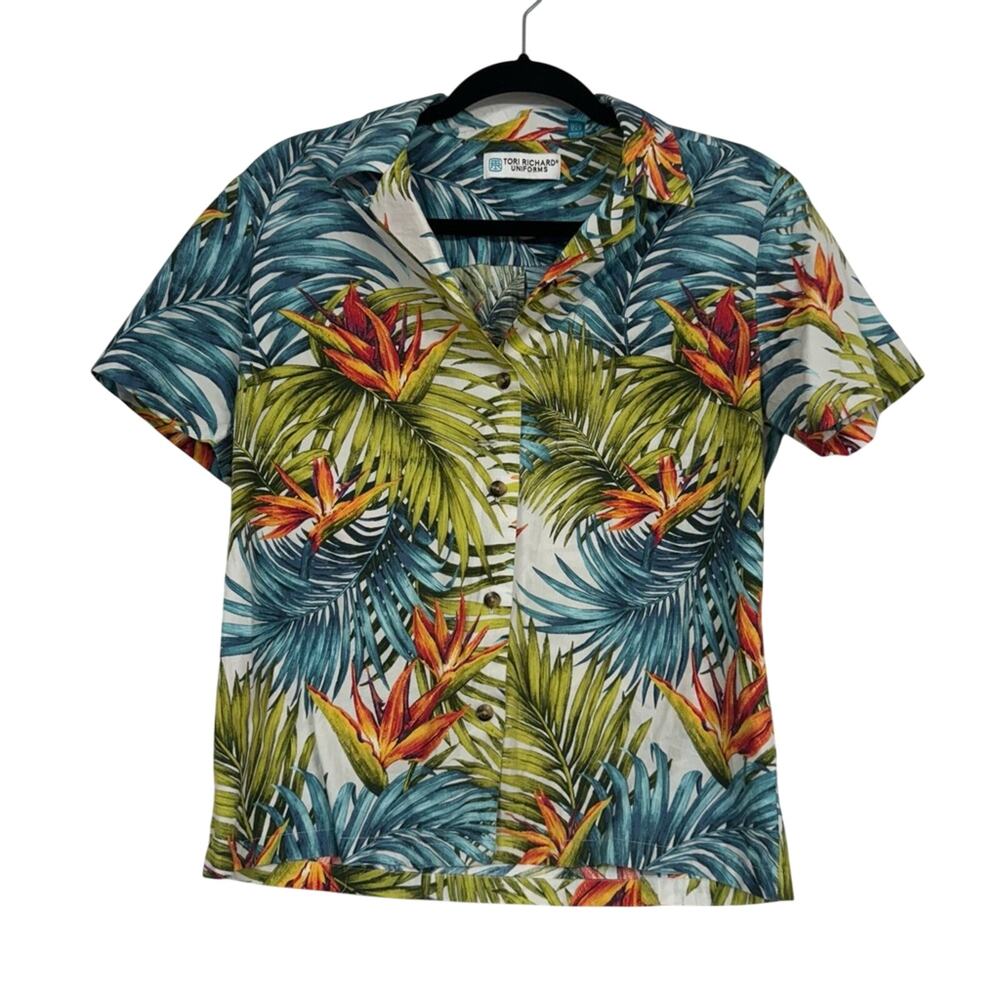 Tori Richard Uniforms Teal Blue Palm Leaf Print Hawaiian Button Down Shirt S